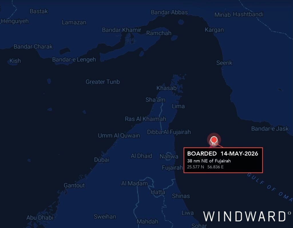 The location of the boarding of HUI CHUAN, May 14, 2026. Source: Windward Maritime AI™ Platform.