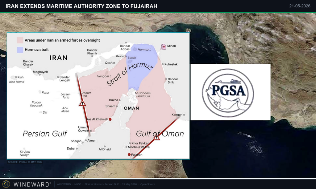 The PGSA’s declared extended maritime authority zone. Source: Windward Maritime AI™ Platform.