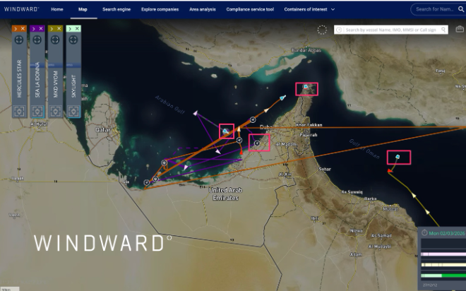 Location of vessels at the time of their attacks in the opening attack wave. Source: Windward Maritime AI™ Platform.