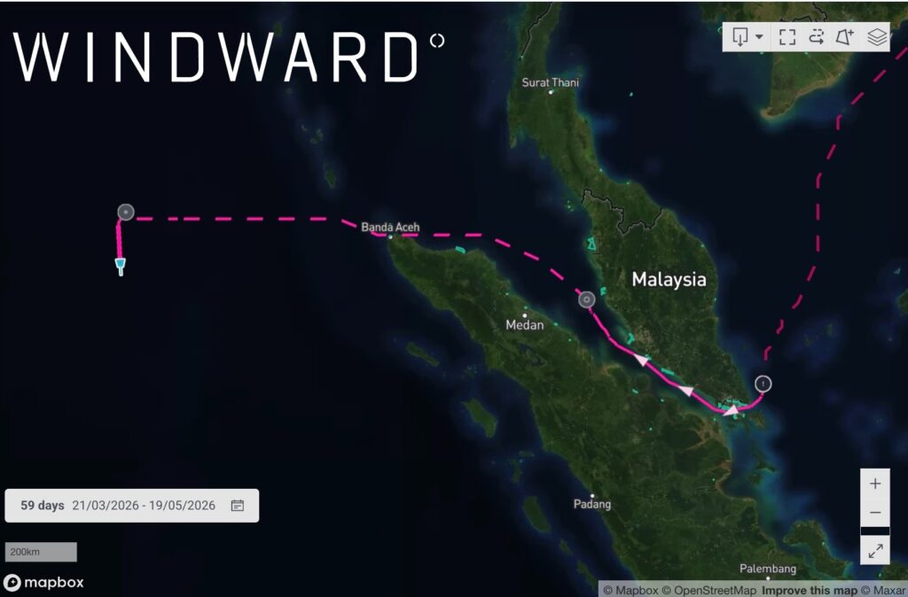 SKYWAVE’s vessel path leading to its seizure location, May 19, 2026. Source: Windward Maritime AI™ Platform.