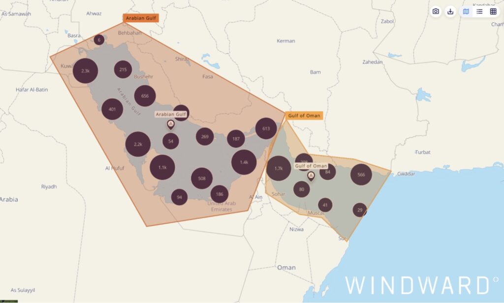 Dark activity across the Arabian Gulf and Gulf of Oman. Source: Windward Maritime AI™ Platform.