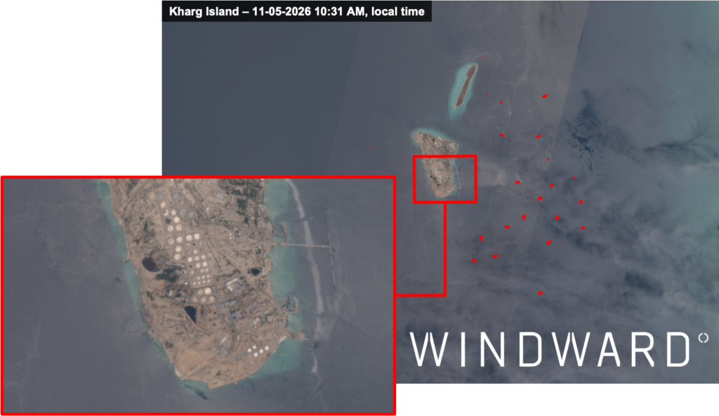 EO imagery of Kharg Island and the tankers staged in the eastern waiting area, May 11, 2026, 10:31 AM local time. Source: Windward Remote Sensing Intelligence.
