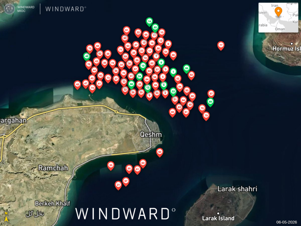 The 97 vessels around the Hormuz North Islands. Source: Windward Maritime AI™ Platform.