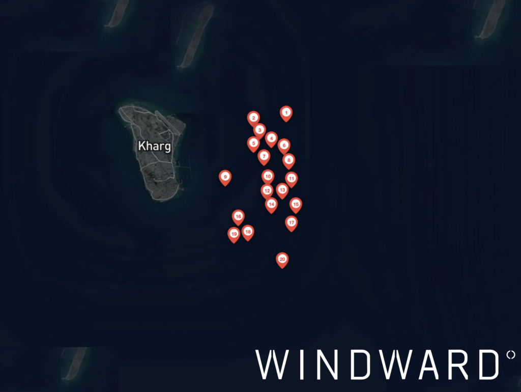 The 20 dark tankers near Kharg Island, May 3, 2026. Source: Windward Maritime AI™ Platform.