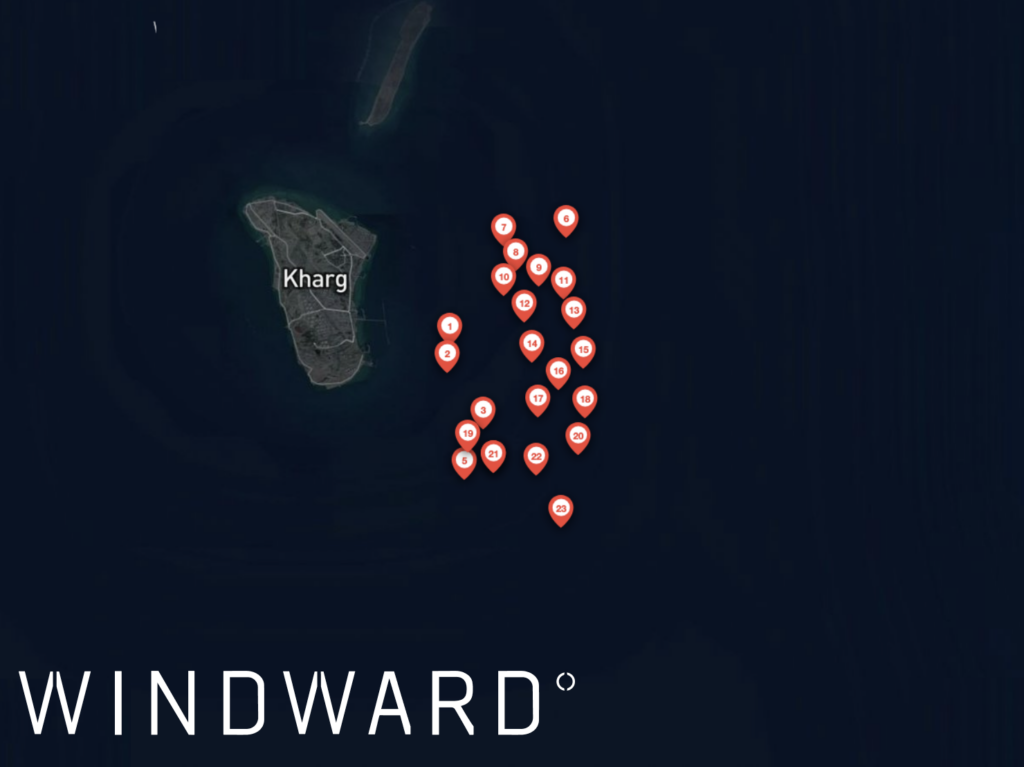 The 23 dark vessels in the eastern waiting area around Kharg Island, May 1, 2026. Source: Windward Maritime AI™ Platform.