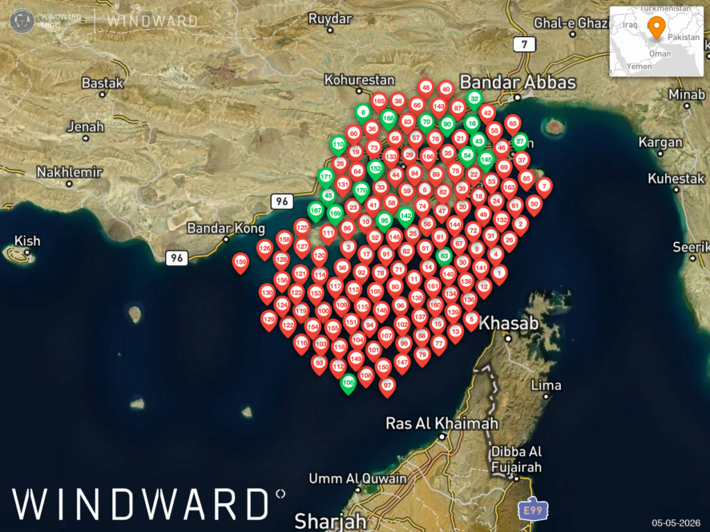 Vessels near the Strait of Hormuz, May 5, 2026, 02:14 UTC. Source: Windward Maritime AI™ Platform. 