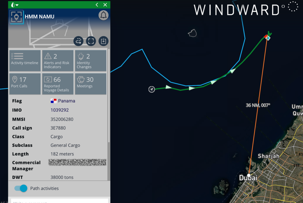 The HMM NAMU’s location at the time of its attack. Source: Windward Maritime AI™ Platform. 