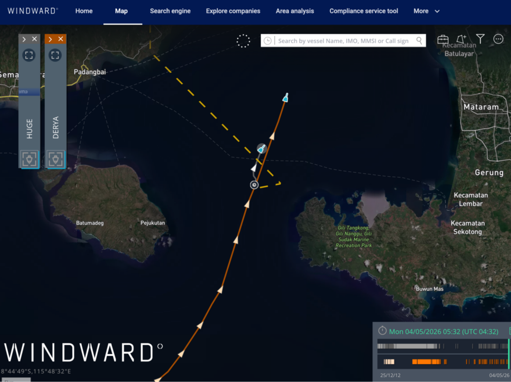 Sanctioned tankers HUGE and DERYA detected in the Lombok Strait. Source: Windward Maritime AI™ Platform.