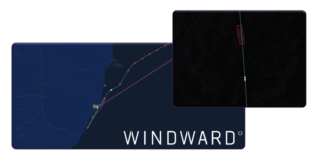 HONOUR 25 being escorted towards the coast. Source: Windward Maritime AI™ Platform.