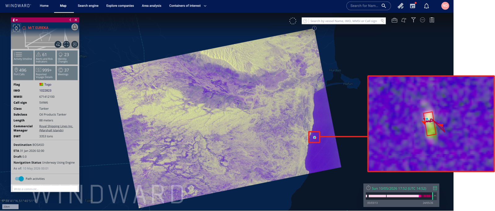 The Eureka captured in a SAR image in Somali territorial waters, May 10, 2026. Source: Windward Maritime AI™