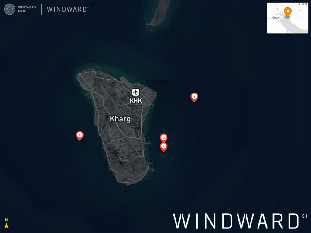 The four vessels around Kharg Islands, May 5, 2026, 13:33 UTC. Source: Windward Maritime AI™ Platform. 
