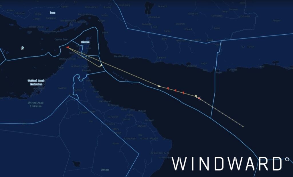 AL KHARAITIYAT successfully transiting the Strait of Hormuz, May 9, 2026. Source: Windward Maritime AI™ Platform. 