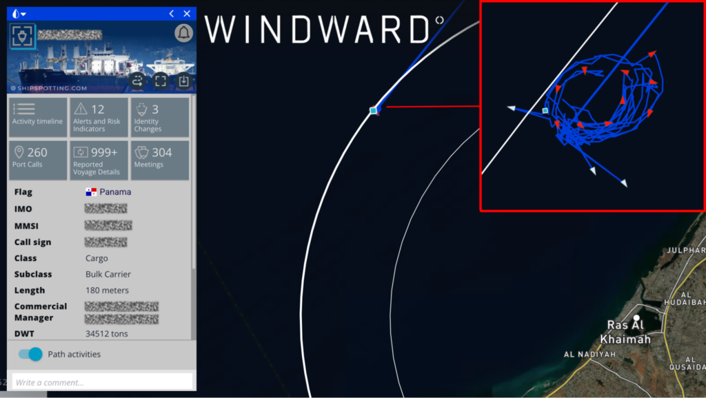 The suspected vessel’s path during the attack. Source: Windward Maritime AI™ Platform. 