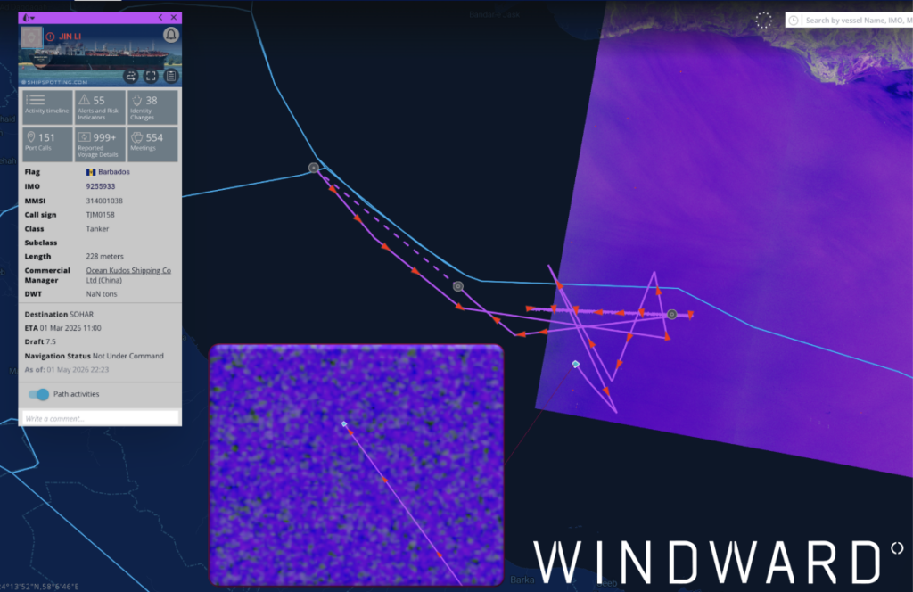 JIN LI’s reported vessel path, compared to SAR imagery showing its true location. Source: Windward Remote Sensing Intelligence.