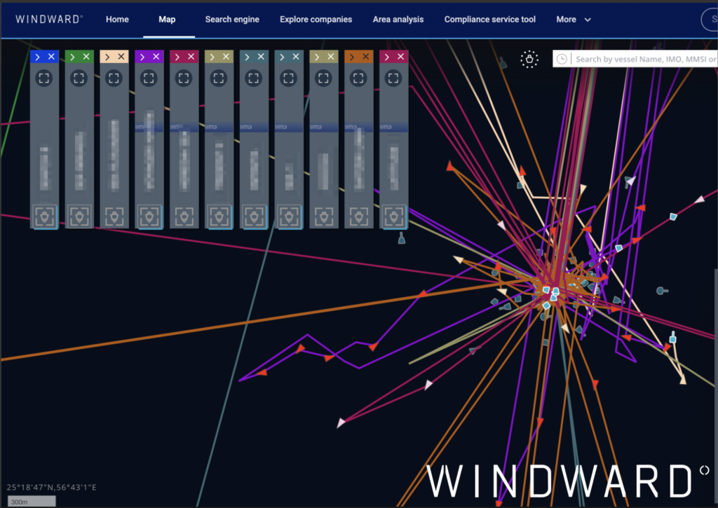 GPS jamming, May 5, 2026. Source: Windward Maritime AI™ Platform.