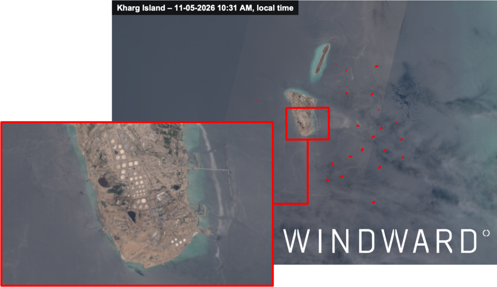 EO imagery of Kharg Island and the tankers staged in the eastern waiting area, May 11, 2026, 10:31 AM local time. Source: Windward Remote Sensing Intelligence.