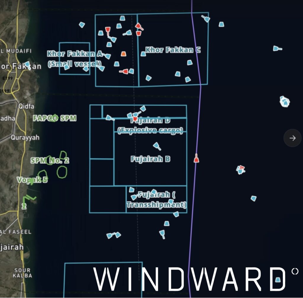 GPS jamming clusters near Fujairah, May 5, 2026, 12:30 UTC. Source: Windward Maritime AI™ Platform. 