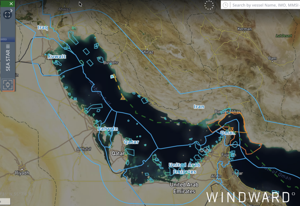 SEA STAR III’s dark activity in northern Iranian waters, April 2026. Source: Windward Maritime AI™ Platform. 