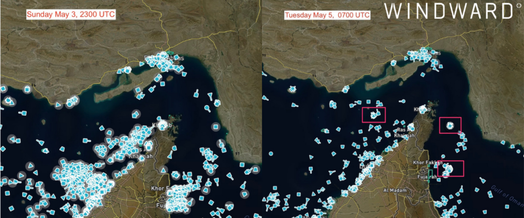 Three GPS jamming clusters off Fujairah. Source: Windward Maritime AI™. 