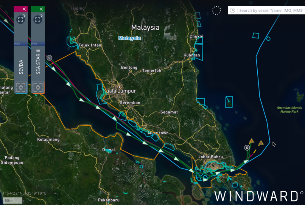 SEVDA and SEA STAR III’s dark activities in Malaysian waters between March and April 2026. Source: Windward Maritime AI™ Platform.
