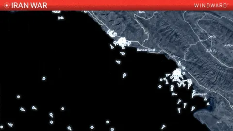 Following the launch of Operation Epic Fury, GPS jamming in the Middle East Gulf caused vessels in the area to broadcast false positions at Iranian ports. Source: Windward Maritime AI™ Platform.