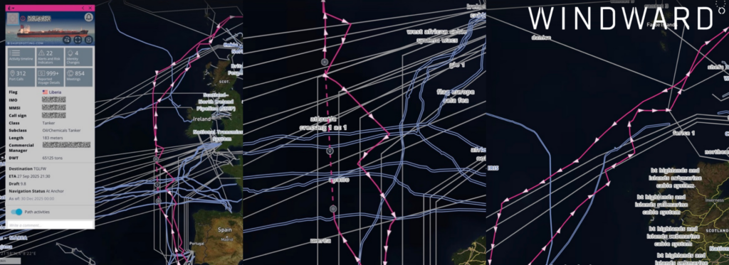 The vessel's tracks as it diverts around Great Britain, with zig-zag patterns evident. Source: Windward Maritime AI™ Platform.