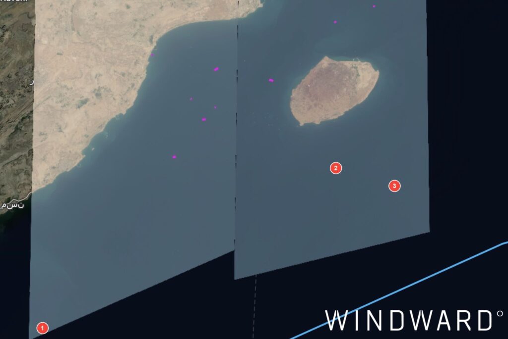 EO imagery of the locations of the three dark crossings across the Strait of Hormuz, May 30, 2026, 06:46 UTC. Source: Windward Remote Sensing Intelligence.