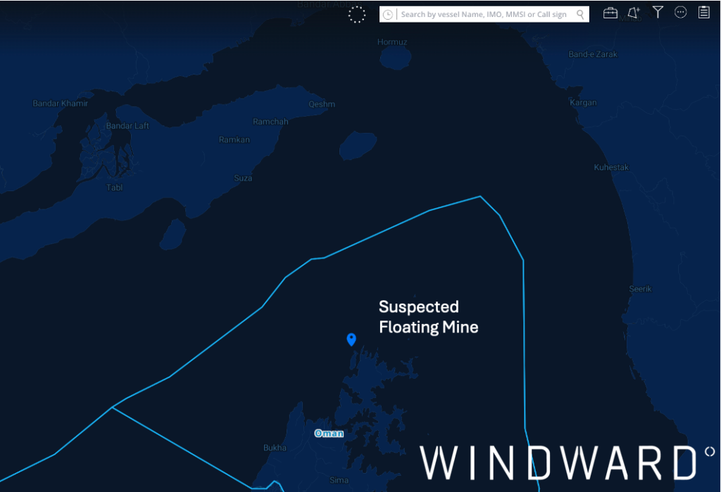 Location of the suspected floating mine, May 30, 2026. Source: Windward Maritime AI™ Platform.