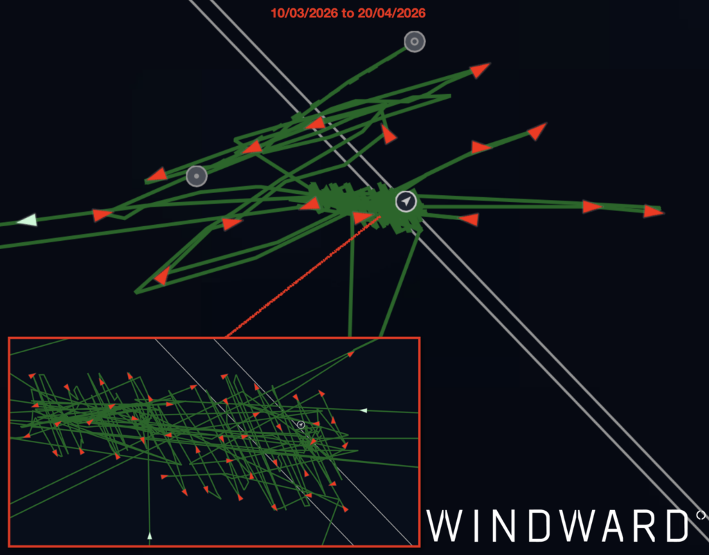 The vessel’s loitering patterns between March 10 and April 20, 2026. Source: Windward Maritime AI™ Platform.