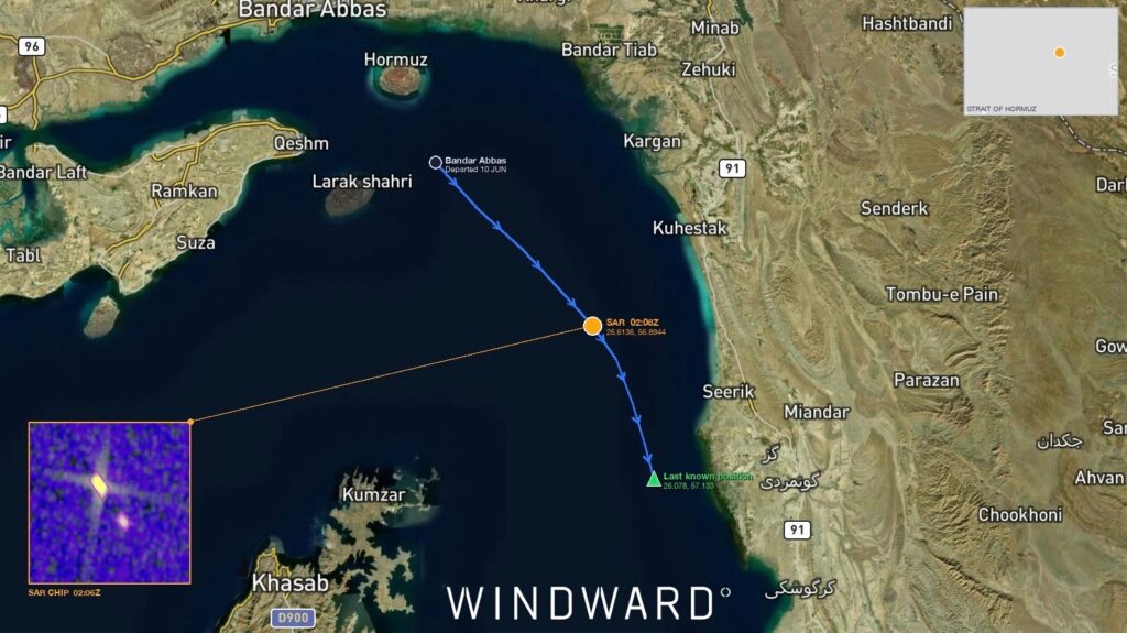 The vessel's path and SAR imagery showing towing operations, June 11, 2026, 02:06 UTC. Source: Windward Remote Sensing Intelligence.