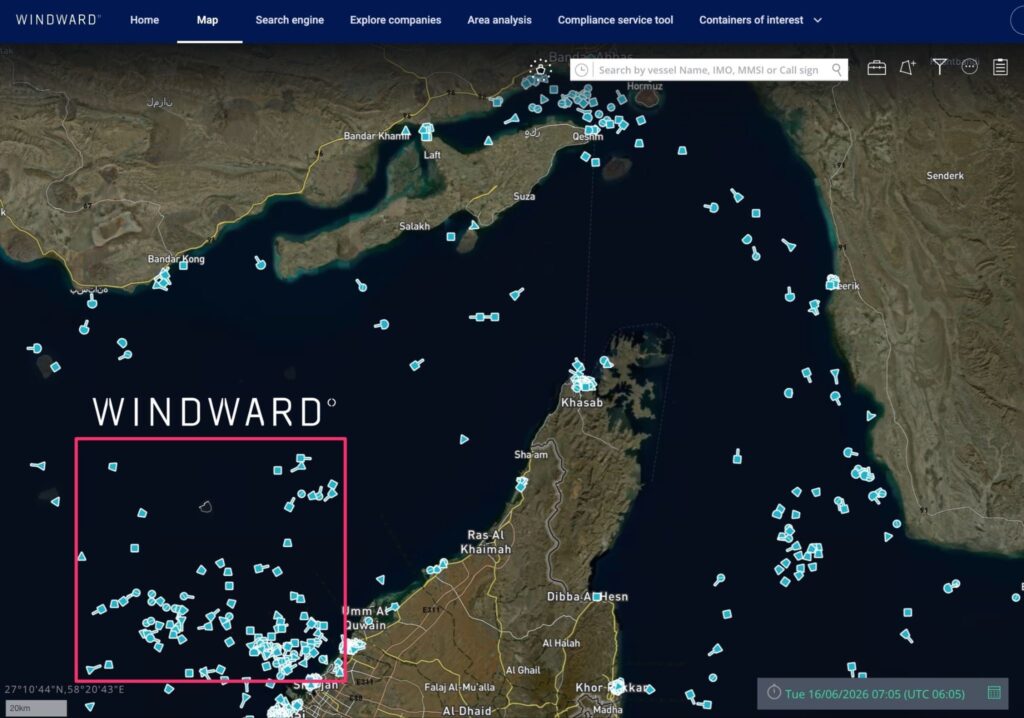 Vessels sailing to positions closer to the strait and at anchor awaiting clearance, June 16, 2026, 06:05 UTC. Source: Windward Maritime AI™ Platform.