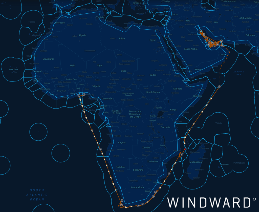 MSC SARISKA V’s vessel path. Source: Windward Maritime AI™ Platform.