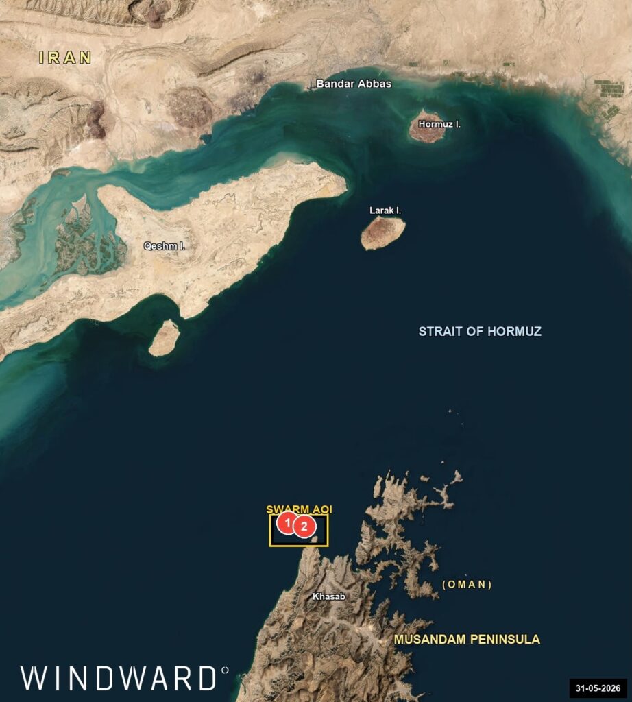 The locations of the Musandam Peninsula high-speed craft swarms, May 31, 2026. Source: Windward Maritime AI™ Platform.