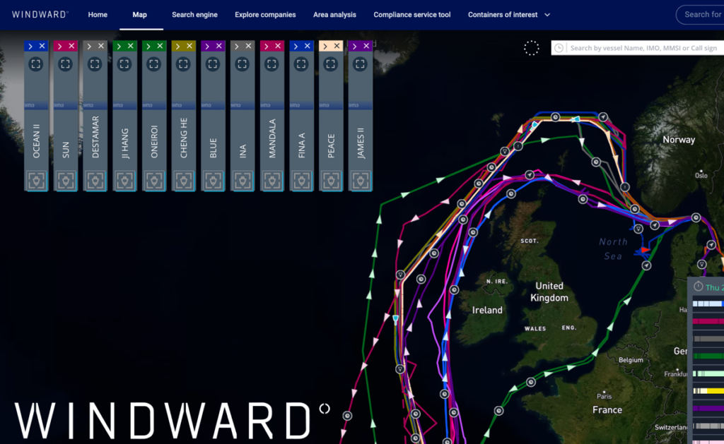 Vessel paths of the 12 tankers over the past six months. Source: Windward Maritime AI™ Platform.