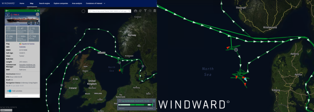 FINA A’s vessel path showing loitering and uneconomic routes. Source: Windward Maritime AI™ Platform.