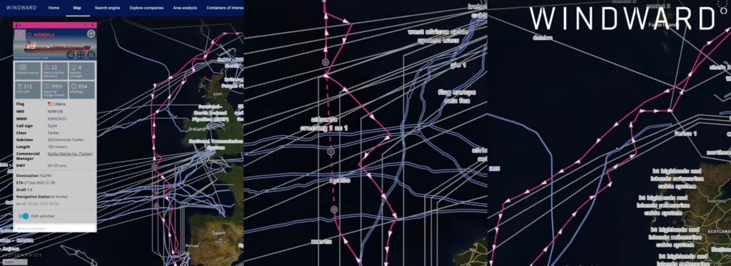 MANDALA’s vessel path, the center inset shows a zig-zag pattern. Source: Windward Maritime AI™ Platform.