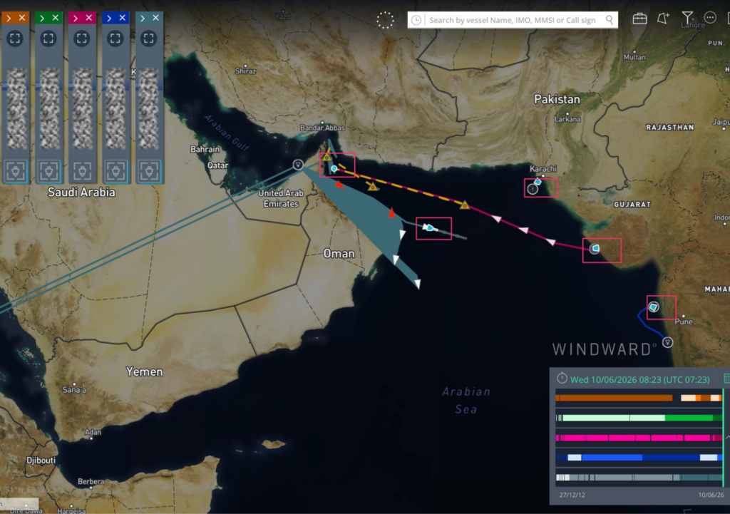 The blockade breakers locations, June 10, 2026,07:23 UTC. Source: Windward Maritime AI™ Platform.
