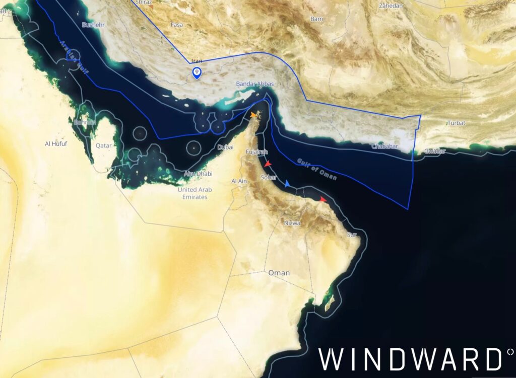 The location of the four vessels presenting similar characteristics as LIANSTAR, May 31, 2026. Source: Windward Maritime AI™ Platform.