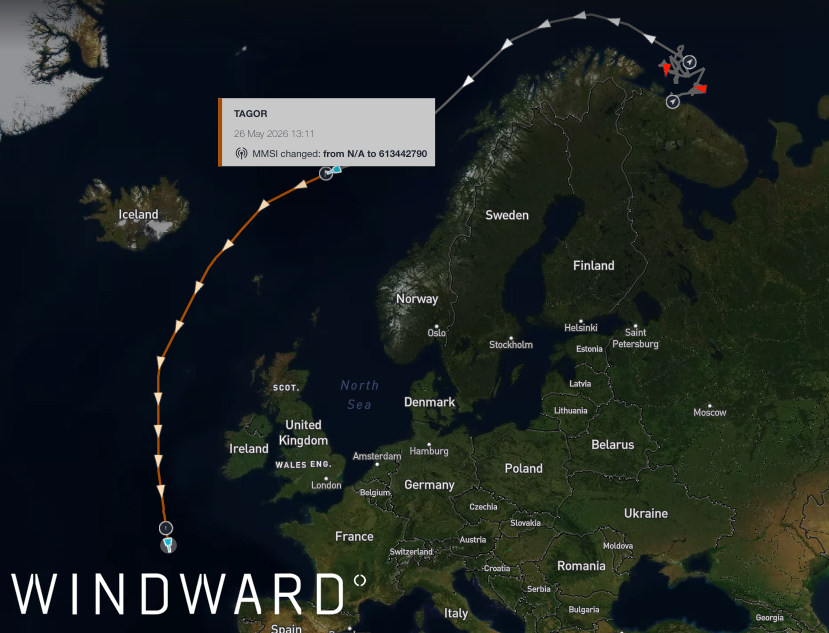 TAGOR’s vessel path, where it switched identities, and where it was boarded. Source: Windward Maritime AI™ Platform.