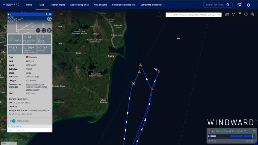 ANT’s vessel path. Source: Windward Maritime AI™ Platform.