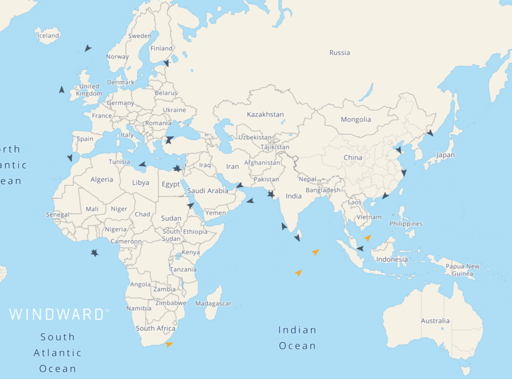 The locations of the 27 sanctioned vessels, June 16, 2026. Source: Windward Maritime AI™ Platform.