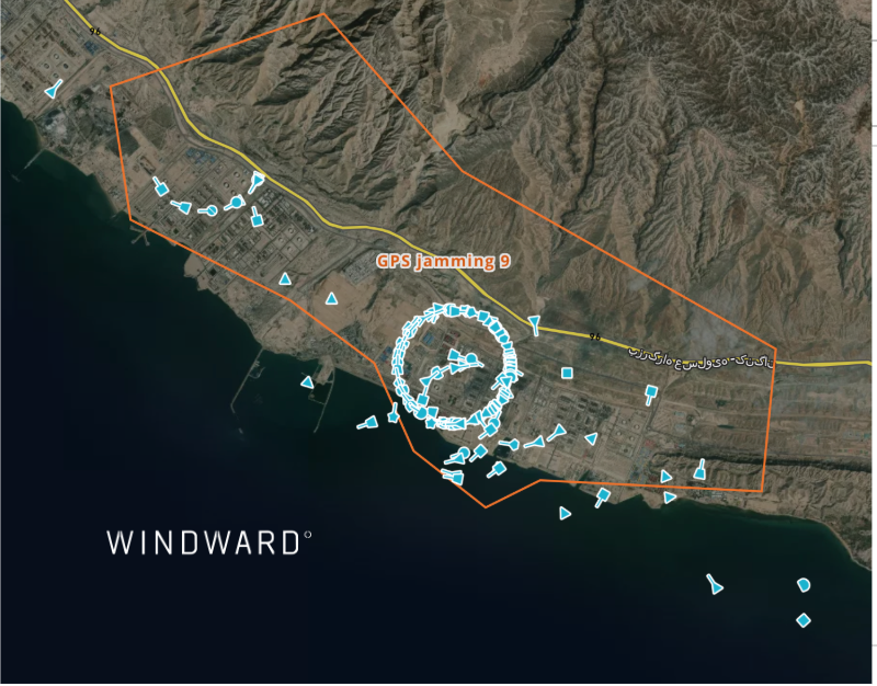 GPS jamming in March 2026 caused vessels operating in the area to report false positions on Iranian land, illustrating how injected positioning data appears in AIS broadcasts. Source: Windward Maritime AI™ Platform.