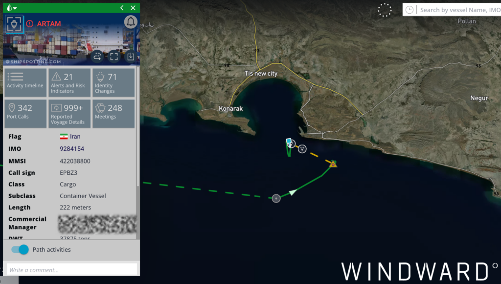 ARTAM’s reported vessel path. Source: Windward Maritime AI™ Platform.