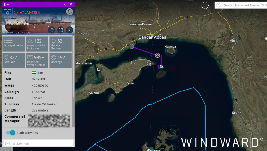ATLANTIS II’s reported vessel path. Source: Windward Maritime AI™ Platform.