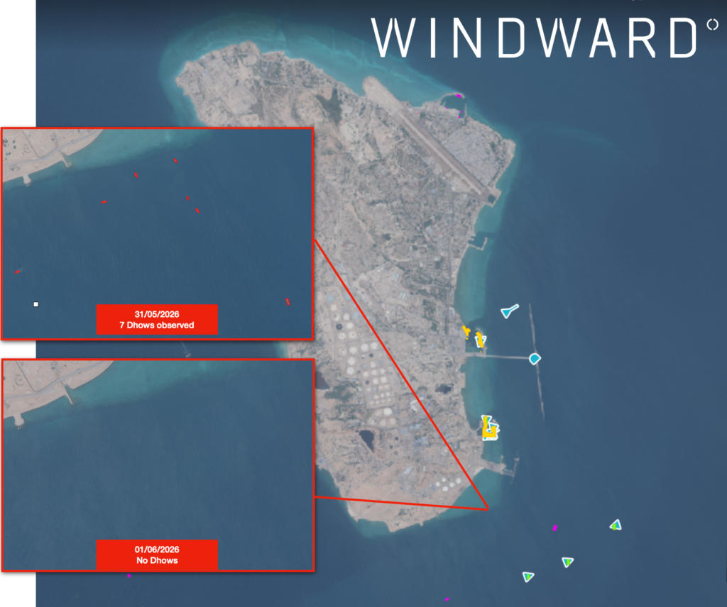 EO imagery showing the dhows evident on May 31 compared to the June 1, where no dhows are evident around Kharg Island. Source: Windward Remote Sensing Intelligence.