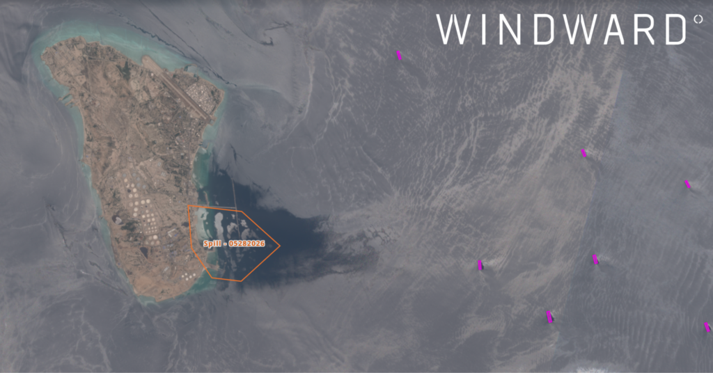 EO imagery showing the oil spill, May 28, 2026, 07:31 UTC. Source: Windward Remote Sensing Intelligence.