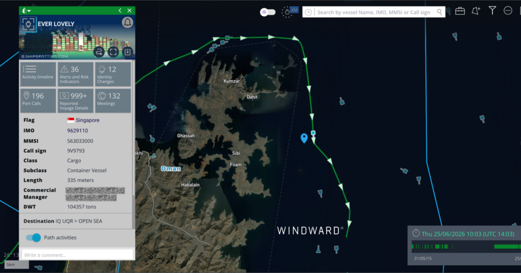 EVER LOVELY’s vessel path leading up to its attack, June 25, 2026. Source: Windward Maritime AI™ Platform.