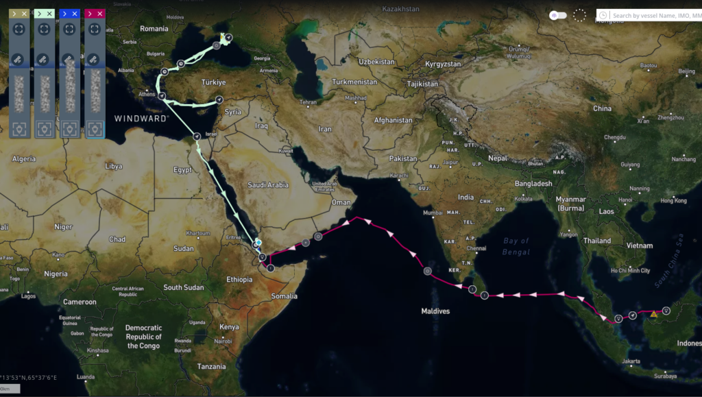 Four vessels assessed as connected to smuggling activity, with route histories spanning Russia, Malaysia, Somalia, and Djibouti before arriving at the Houthi-controlled Port of Hodeidah. Source: Windward Maritime AI™ Platform.