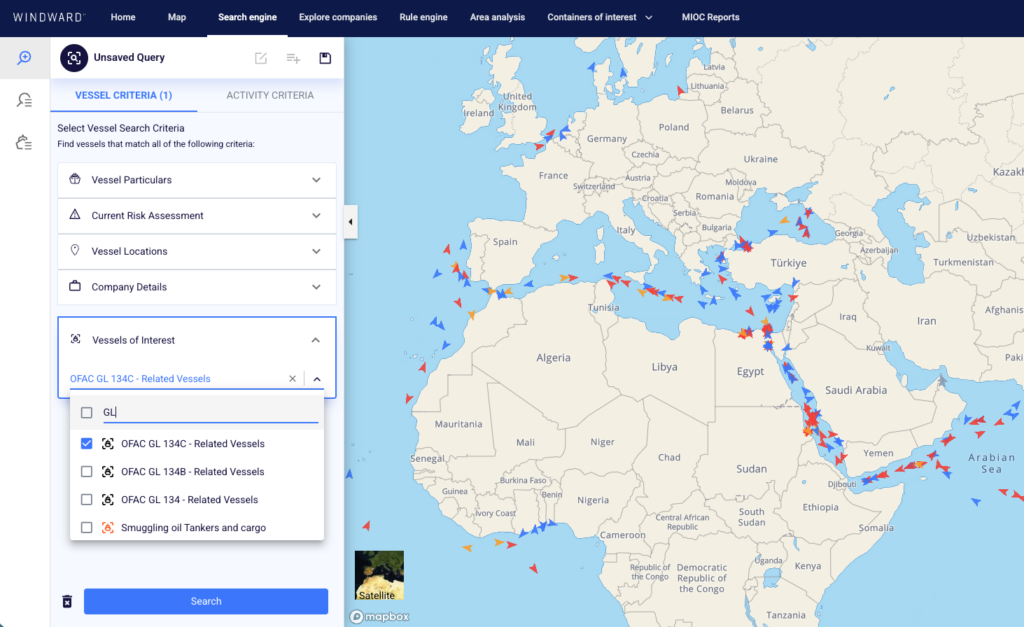 Windward enables tracking of vessels of interest related to specific General Licenses and watchlists.