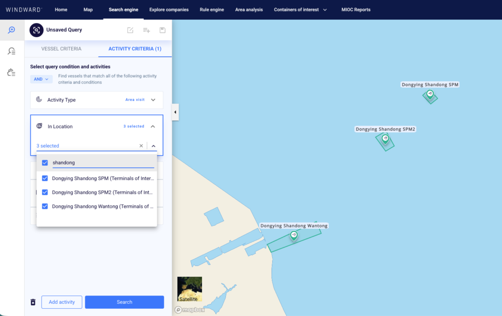 Sanctioned Chinese terminals, mapped within Windward.